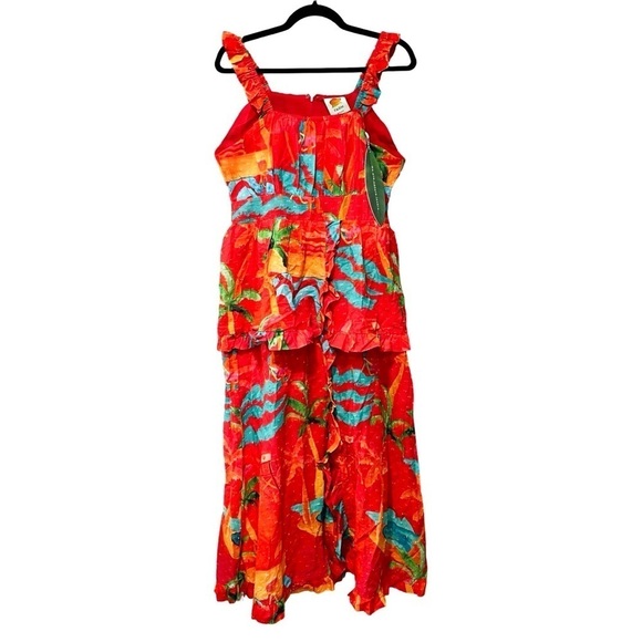 NWT FARM RIO Ipanema Ruffled Tropical Printed Midi Red Dress Sz M - Picture 3 of 6